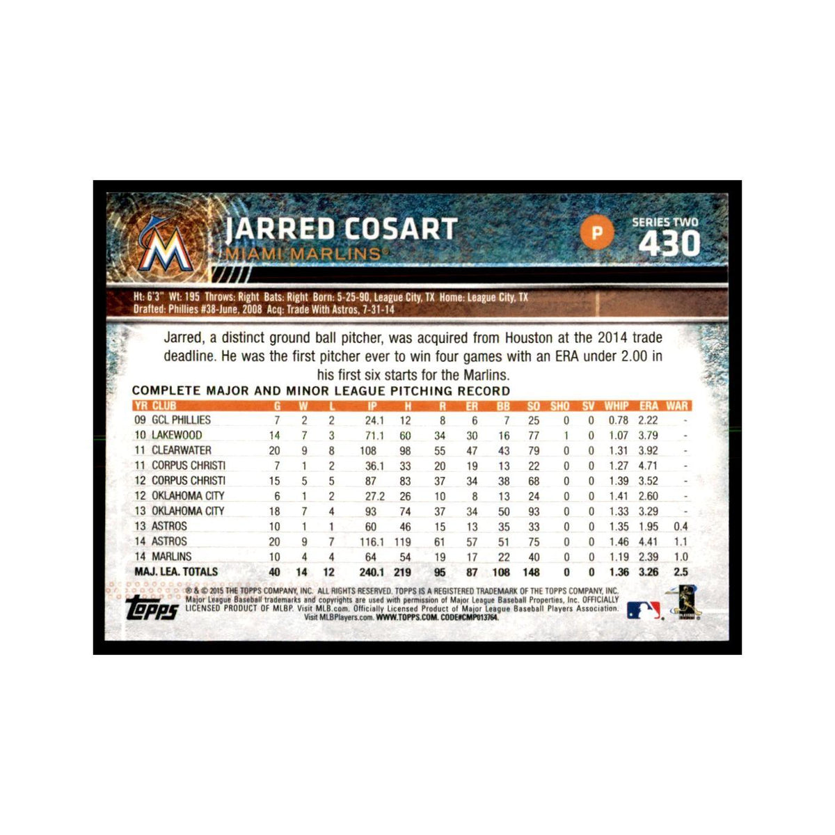 Jarred Cosart 2015 Topps #430 Baseball Cards Baseball Card NM
