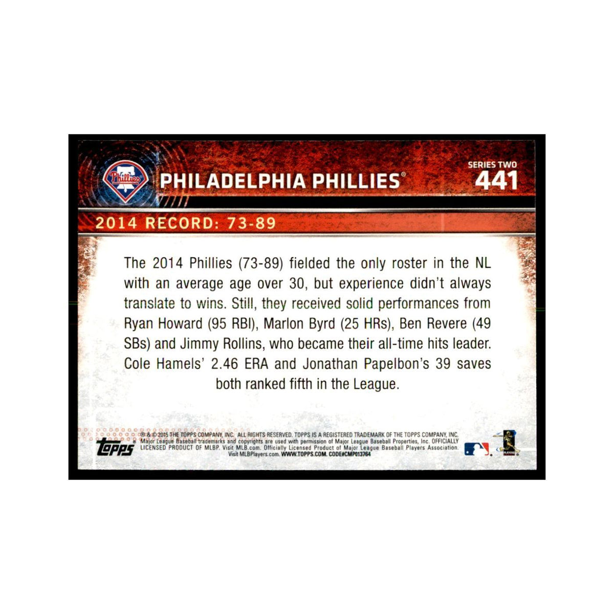 Philadelphia Phillies 2015 Topps #441 Baseball Cards Baseball Card NM