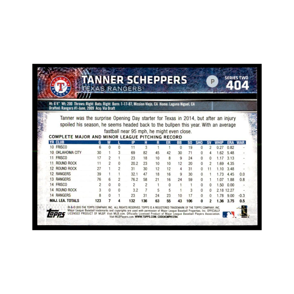 Tanner Scheppers 2015 Topps #404 Baseball Cards Baseball Card NM