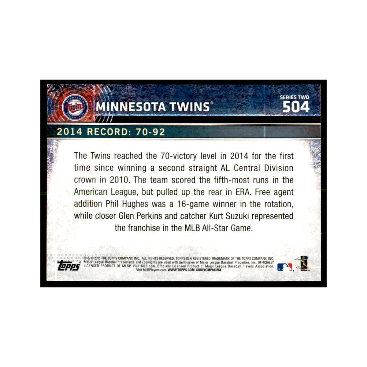 Minnesota Twins 2015 Topps #504 Baseball Cards Baseball Card NM