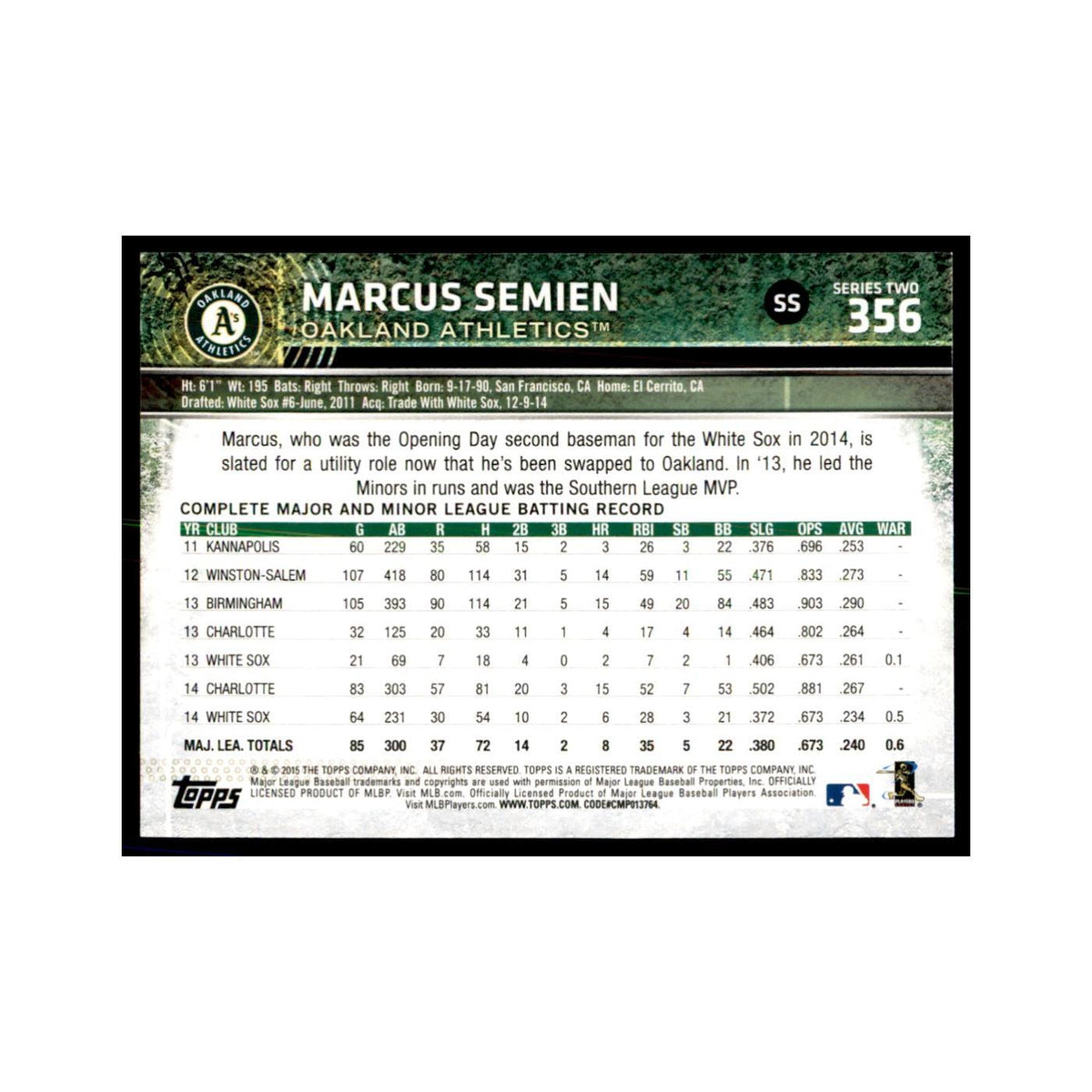 Marcus Semien 2015 Topps #356 Baseball Cards Baseball Card NM