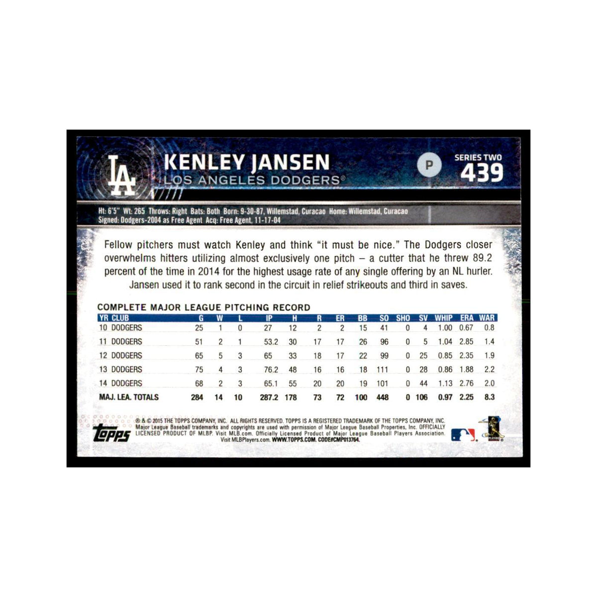 Kenley Jansen 2015 Topps #439 Baseball Cards Baseball Card NM