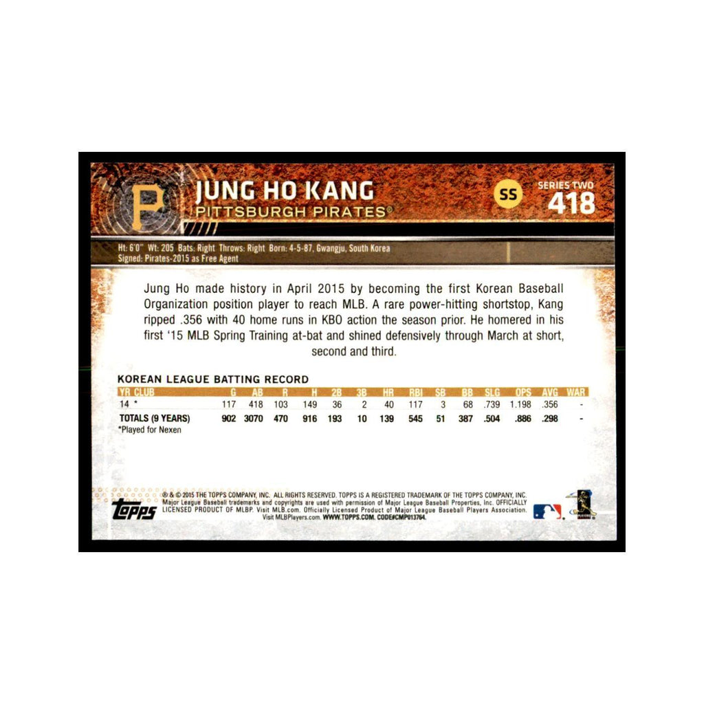 Jung-Ho Kang Rookie 2015 Topps #418 Baseball Cards Baseball Card NM