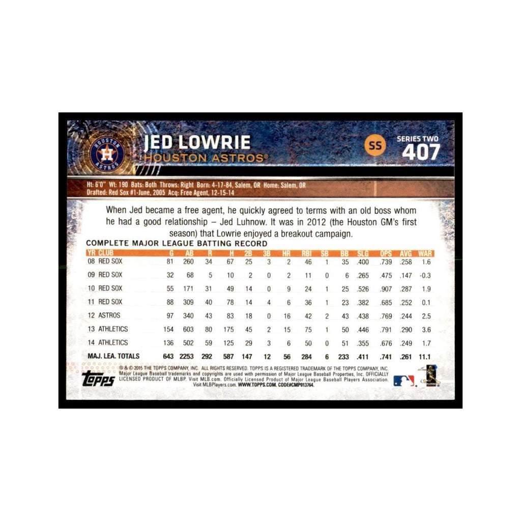Jed Lowrie 2015 Topps #407 Baseball Cards Baseball Card NM