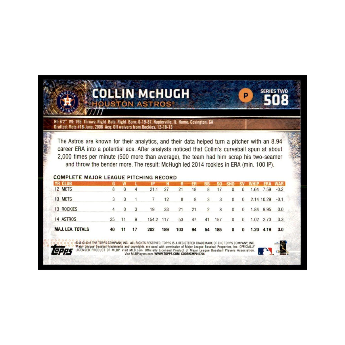 Collin McHugh 2015 Topps #508 Baseball Cards Baseball Card NM