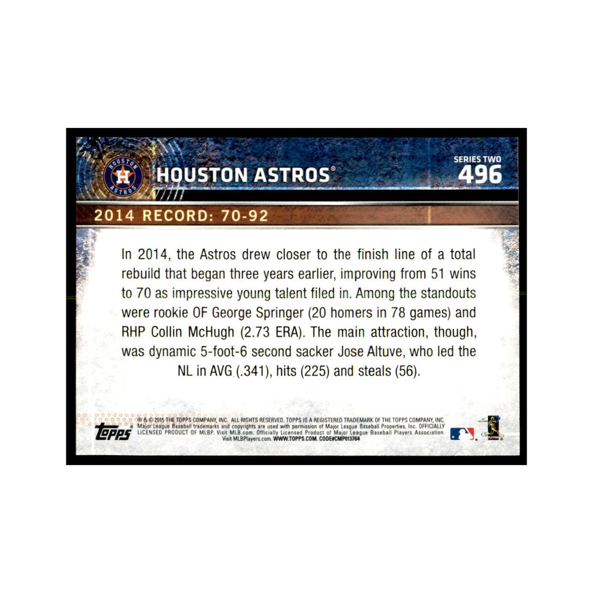 Houston Astros 2015 Topps #496 Baseball Cards Baseball Card NM