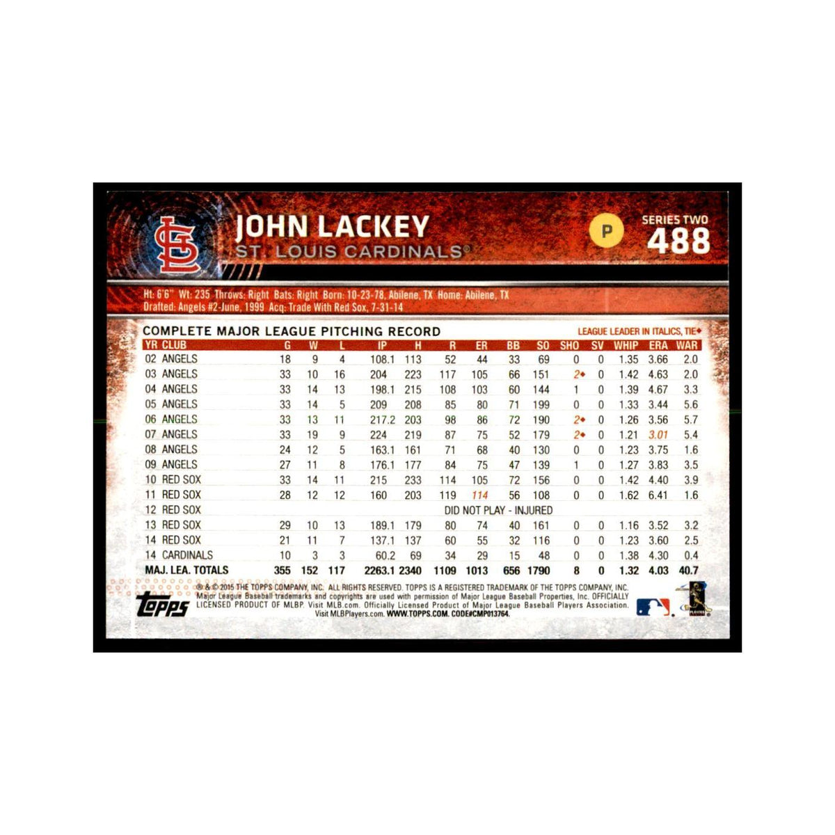John Lackey 2015 Topps #488 Baseball Cards Baseball Card NM