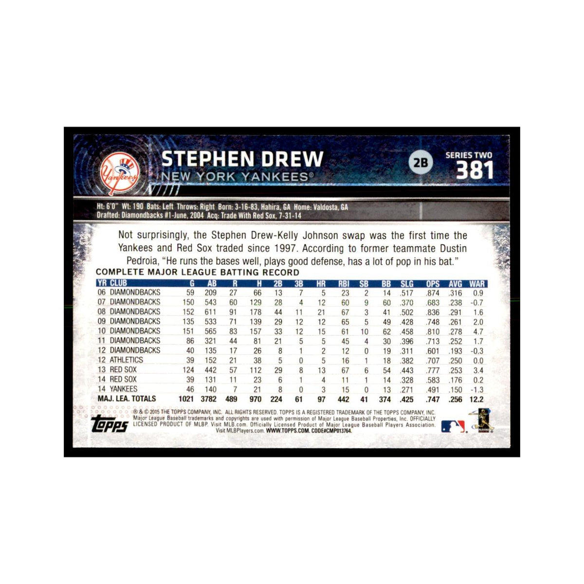 Stephen Drew 2015 Topps #381 Baseball Cards Baseball Card NM