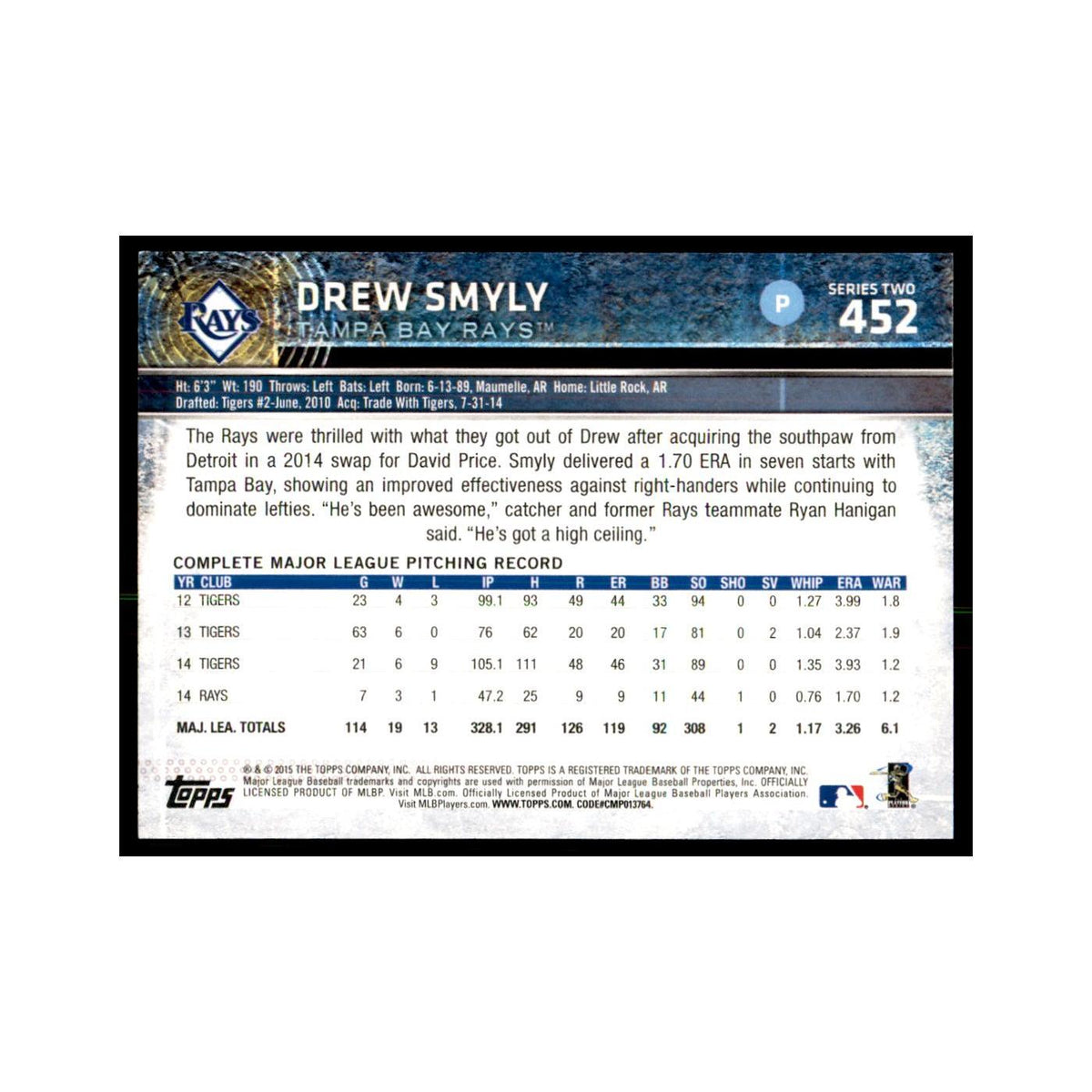 Drew Smyly 2015 Topps #452 Baseball Cards Baseball Card NM