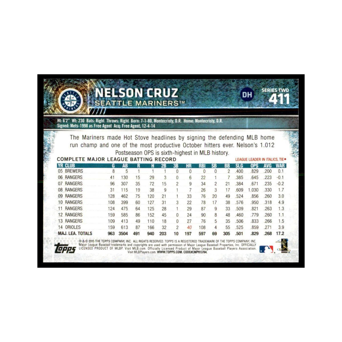 Nelson Cruz 2015 Topps #411 Baseball Cards Baseball Card NM