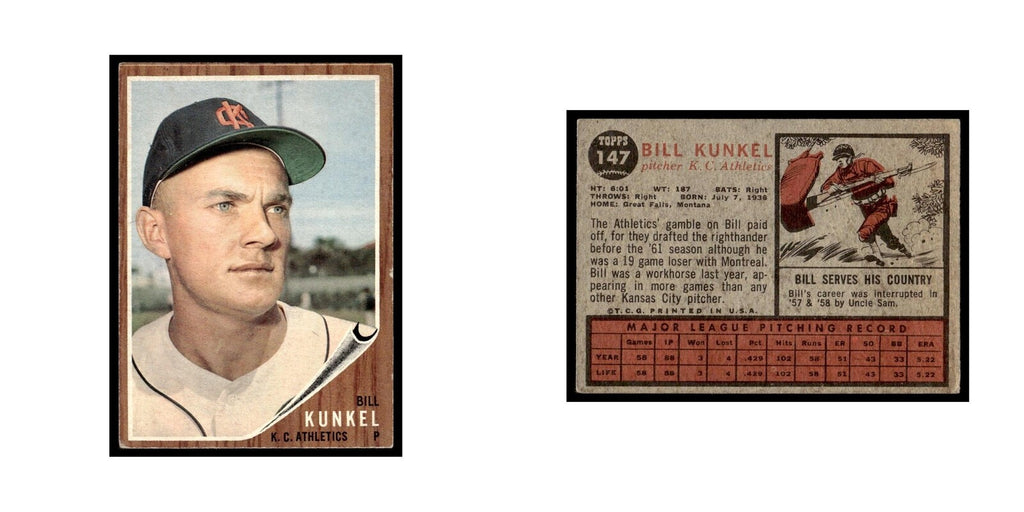 Bill Kunkel 1962 Topps #147 Kansas City Athletics Baseball Card VG