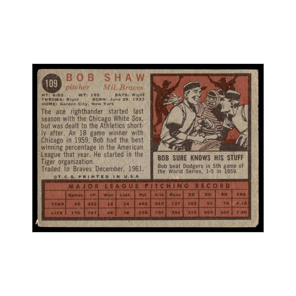 Bob Shaw 1962 Topps #109 Milwaukee Braves Baseball Card VG