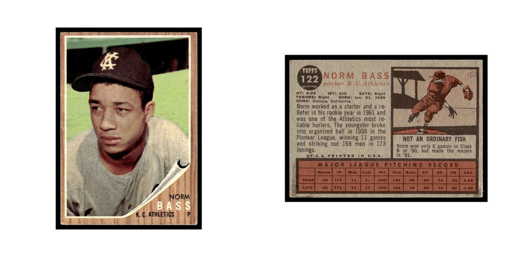 Norm Bass 1962 Topps #122 Kansas City Athletics Baseball Card VG