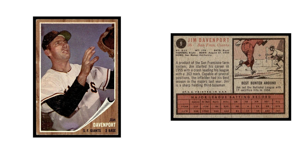Jim Davenport 1962 Topps #9 San Francisco Giants Baseball Card VG