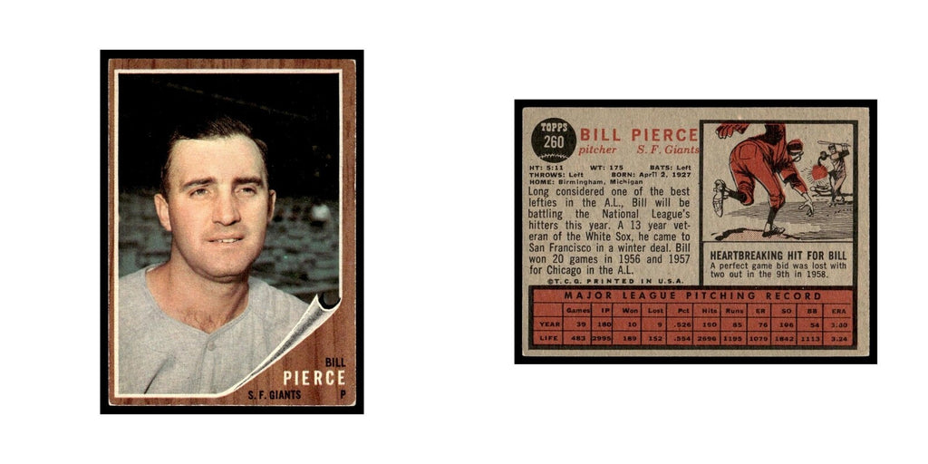 Bill Pierce 1962 Topps #260 San Francisco Giants Baseball Card VG