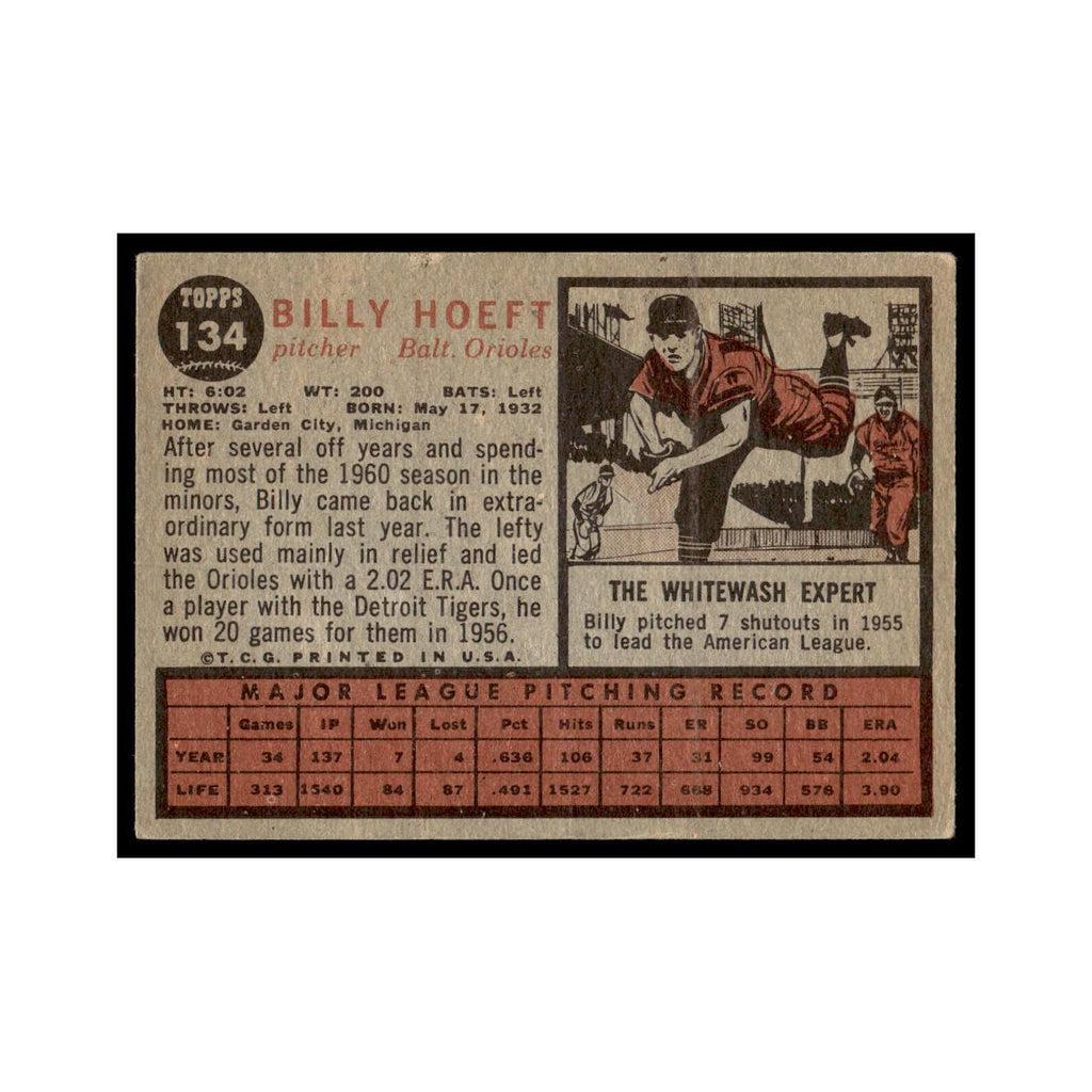 Billy Hoeft 1962 Topps #134 Baltimore Orioles Baseball Card VG