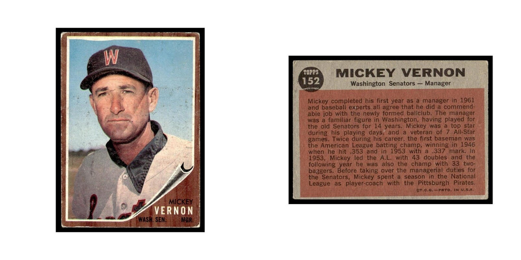 Mickey Vernon 1962 Topps #152 Washington Senators Baseball Card VG
