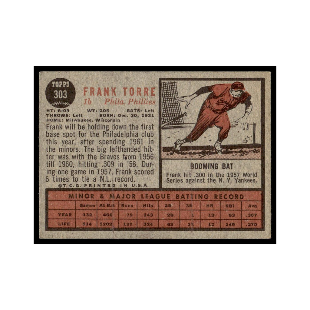 Frank Torre 1962 Topps #303 Philadelphia Phillies Baseball Card VG
