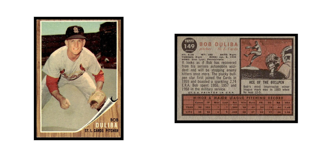 Bob Duliba 1962 Topps #149 St. Louis Cardinals Baseball Card VG