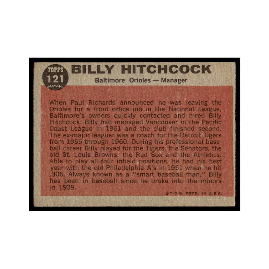 Billy Hitchcock 1962 Topps #121 Baltimore Orioles Baseball Card VG