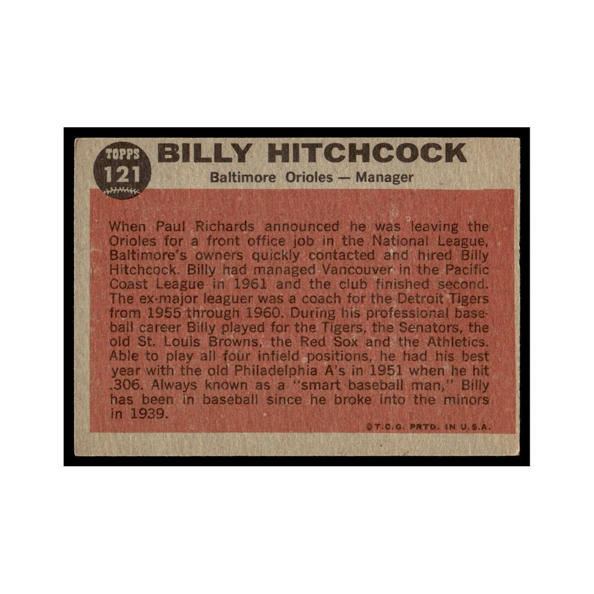 Billy Hitchcock 1962 Topps #121 Baltimore Orioles Baseball Card VG