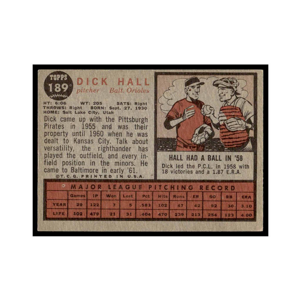 Dick Hall 1962 Topps #189 Baltimore Orioles Baseball Card VG