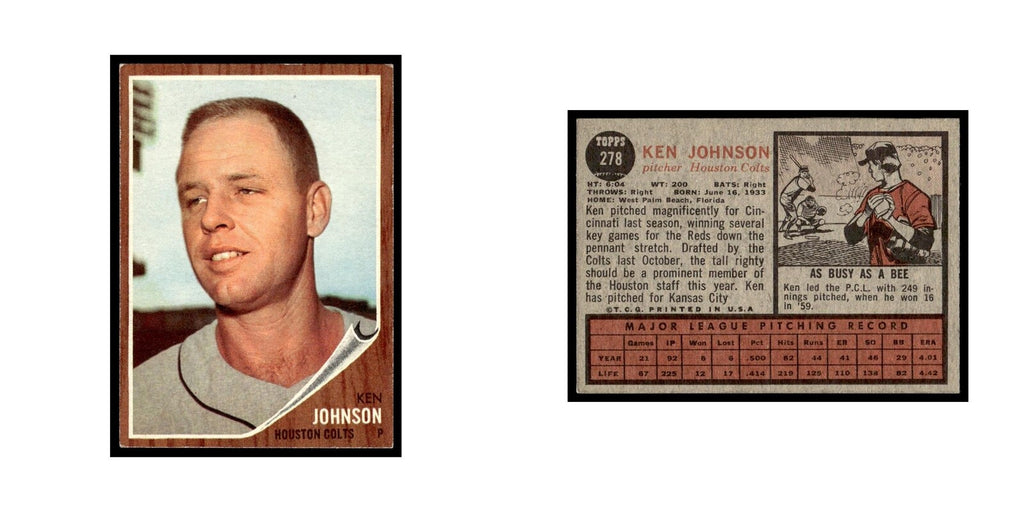 Ken Johnson 1962 Topps #278 Houston Colt .45s Baseball Card VG