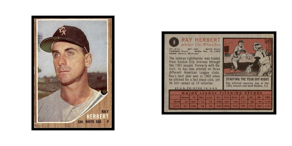 Ray Herbert 1962 Topps #8 Chicago White Sox Baseball Card VG