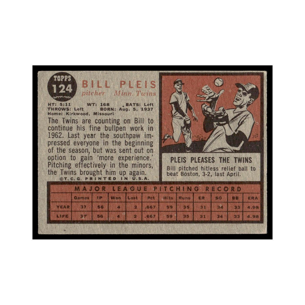 Bill Pleis 1962 Topps #124 Minnesota Twins Baseball Card VG