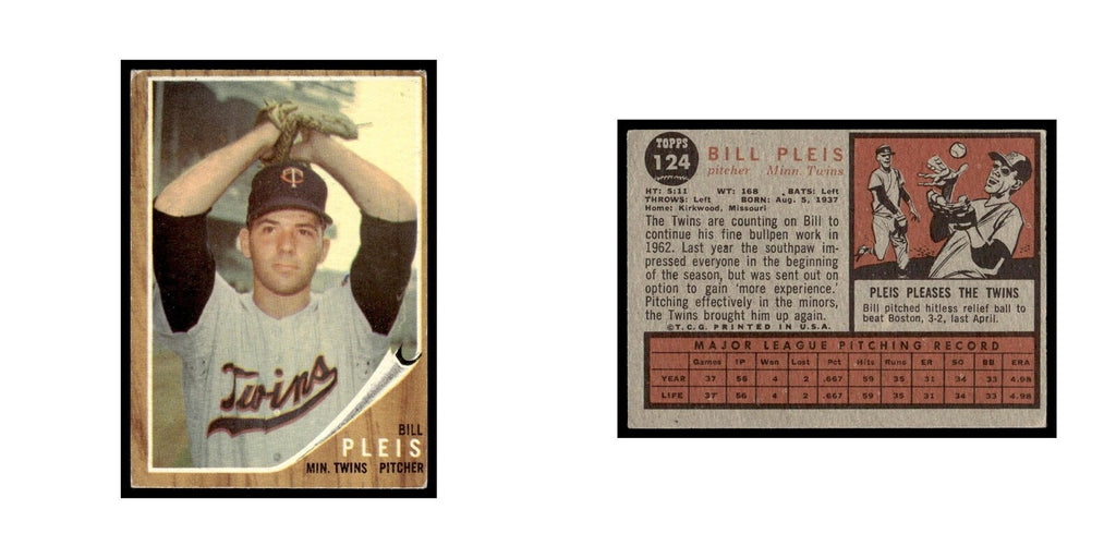 Bill Pleis 1962 Topps #124 Minnesota Twins Baseball Card VG