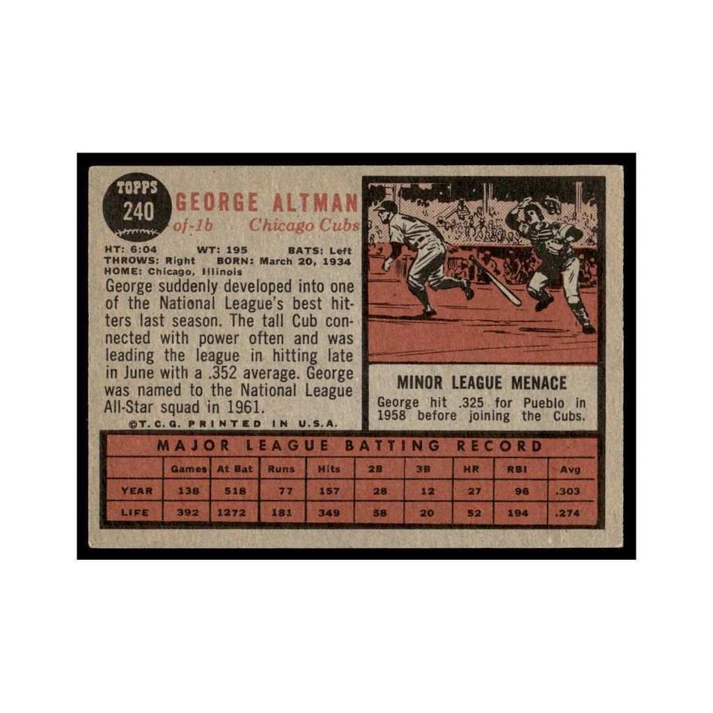 George Altman 1962 Topps #240 Chicago Cubs Baseball Card VG