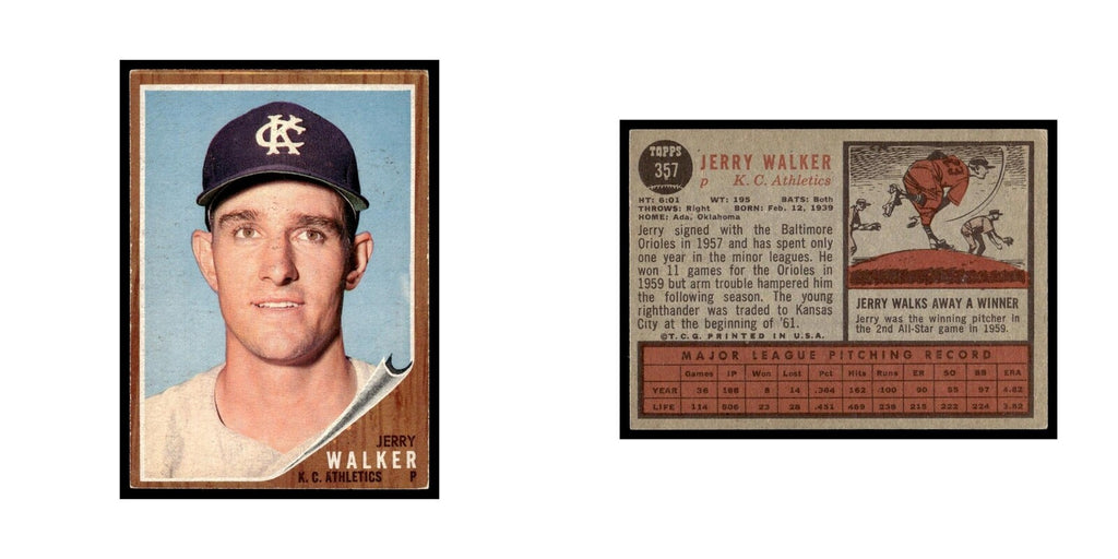 Jerry Walker 1962 Topps #357 Kansas City Athletics Baseball Card VG