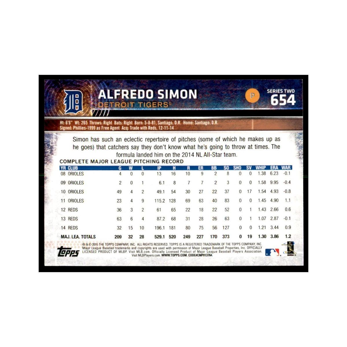 Alfredo Simon 2015 Topps #654 Baseball Cards Baseball Card NM