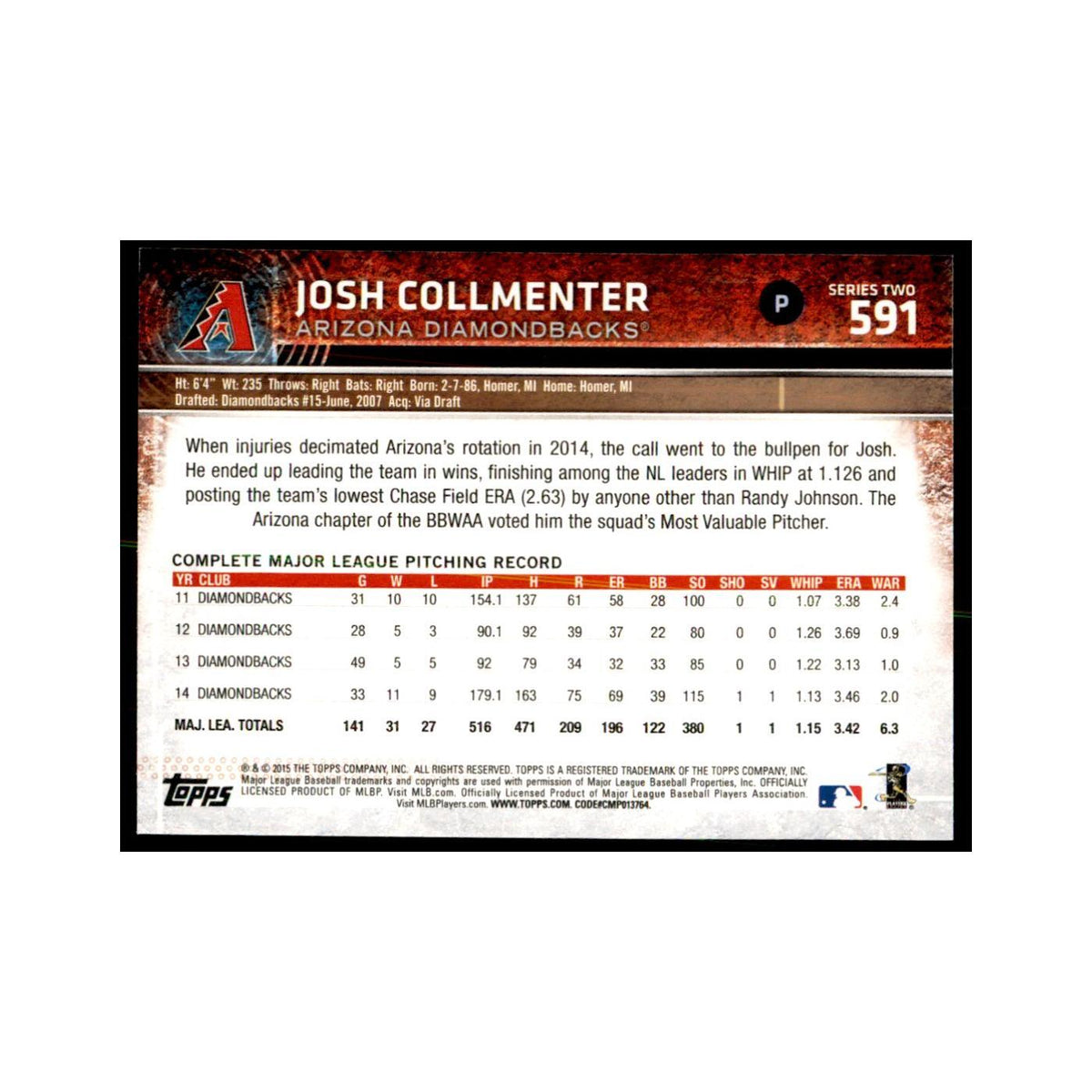 Josh Collmenter 2015 Topps #591 Baseball Cards Baseball Card NM
