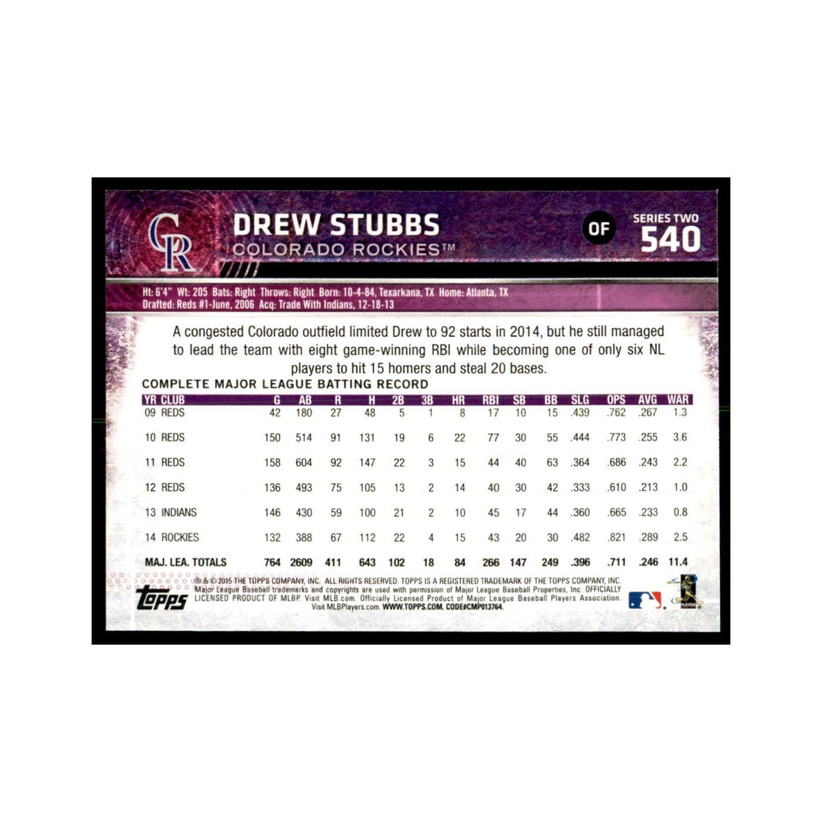 Drew Stubbs 2015 Topps #540 Baseball Cards Baseball Card NM