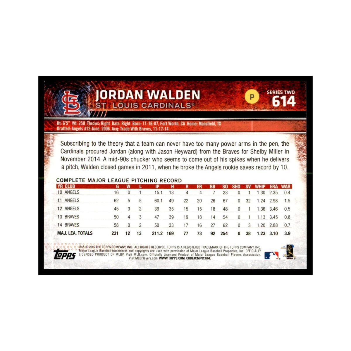 Jordan Walden 2015 Topps #614 Baseball Cards Baseball Card NM