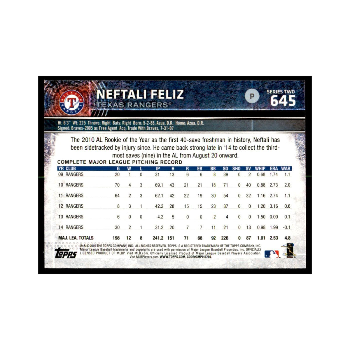 Neftali Feliz 2015 Topps #645 Baseball Cards Baseball Card NM