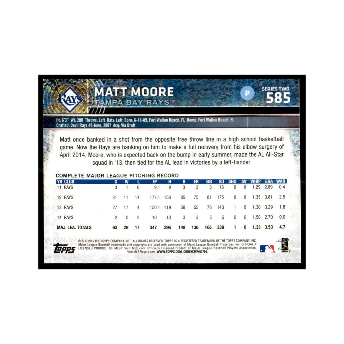 Matt Moore 2015 Topps #585 Baseball Cards Baseball Card NM