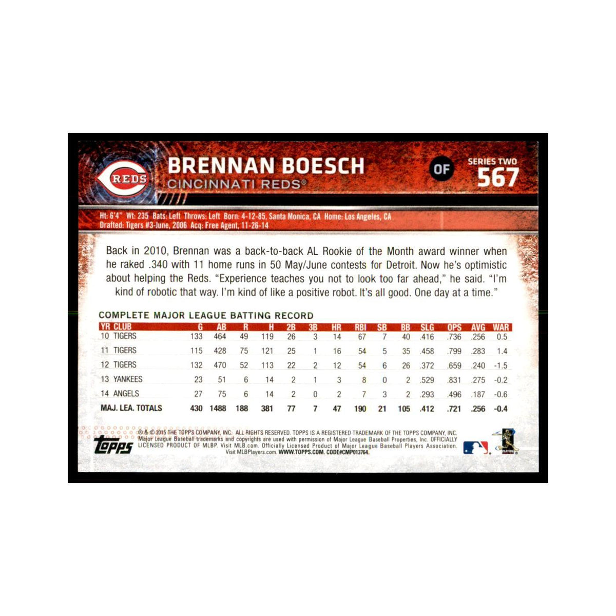Brennan Boesch 2015 Topps #567 Baseball Cards Baseball Card NM
