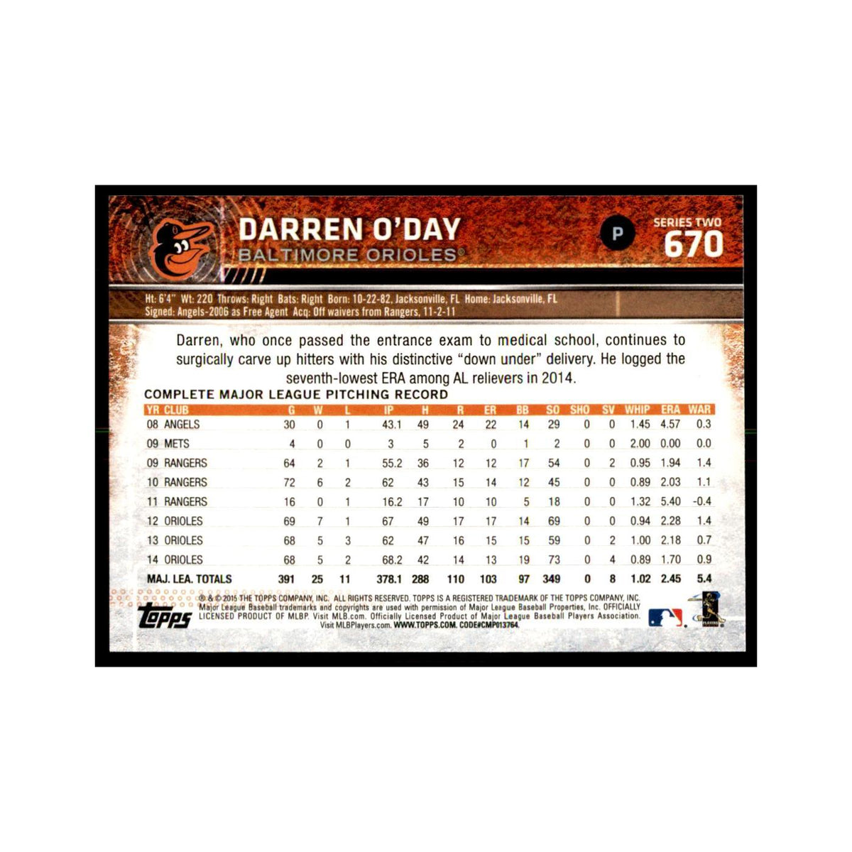 Darren O'Day 2015 Topps #670 Baseball Cards Baseball Card NM