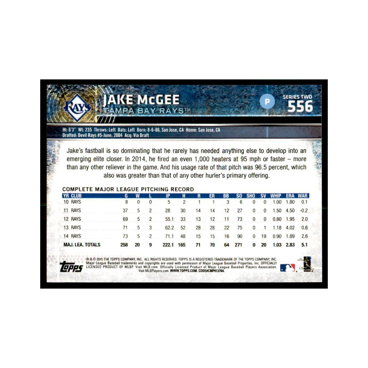 Jake McGee 2015 Topps #556 Baseball Cards Baseball Card NM