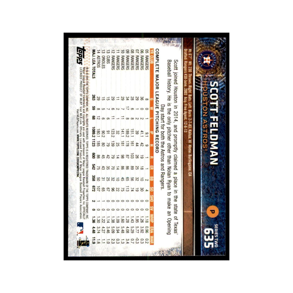 Scott Feldman 2015 Topps #635 Baseball Cards Baseball Card NM