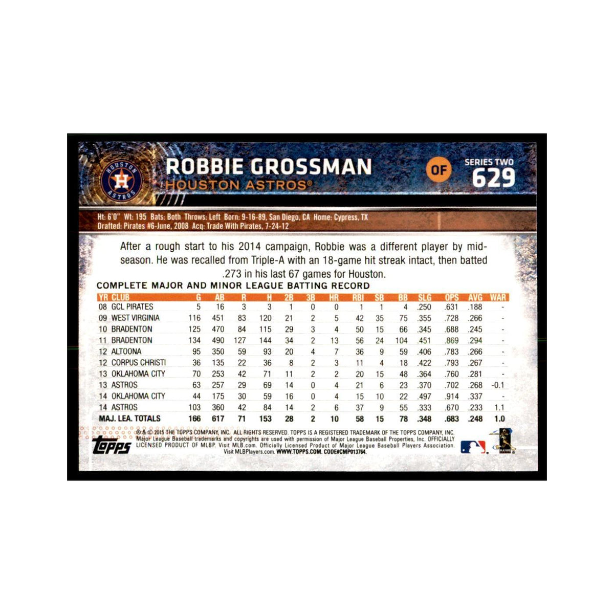 Robbie Grossman 2015 Topps #629 Baseball Cards Baseball Card NM