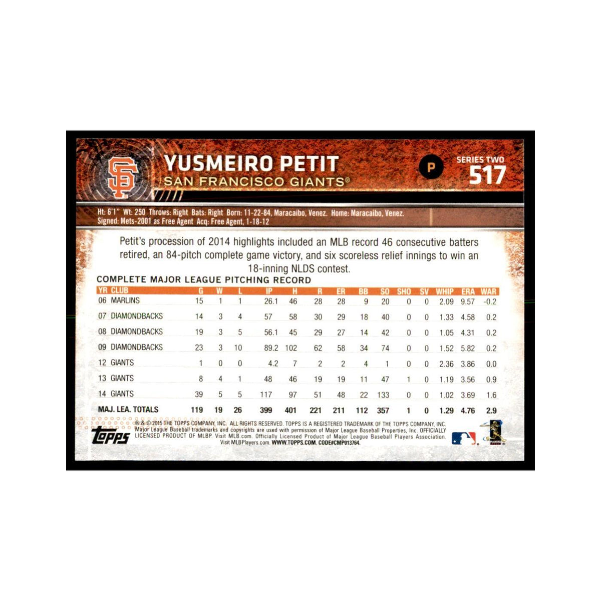 Yusmeiro Petit 2015 Topps #517 Baseball Cards Baseball Card NM