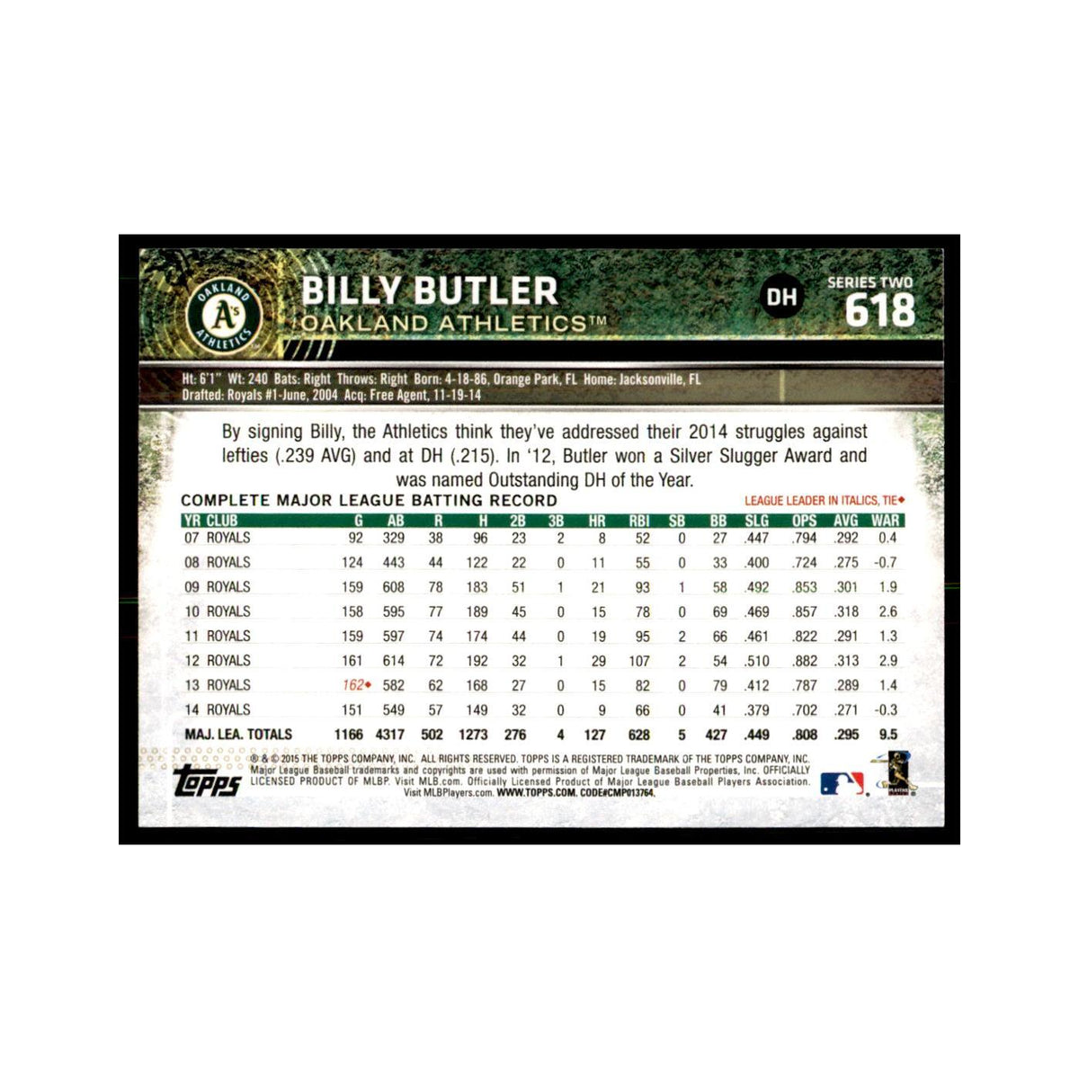 Billy Butler 2015 Topps #618 Baseball Cards Baseball Card NM