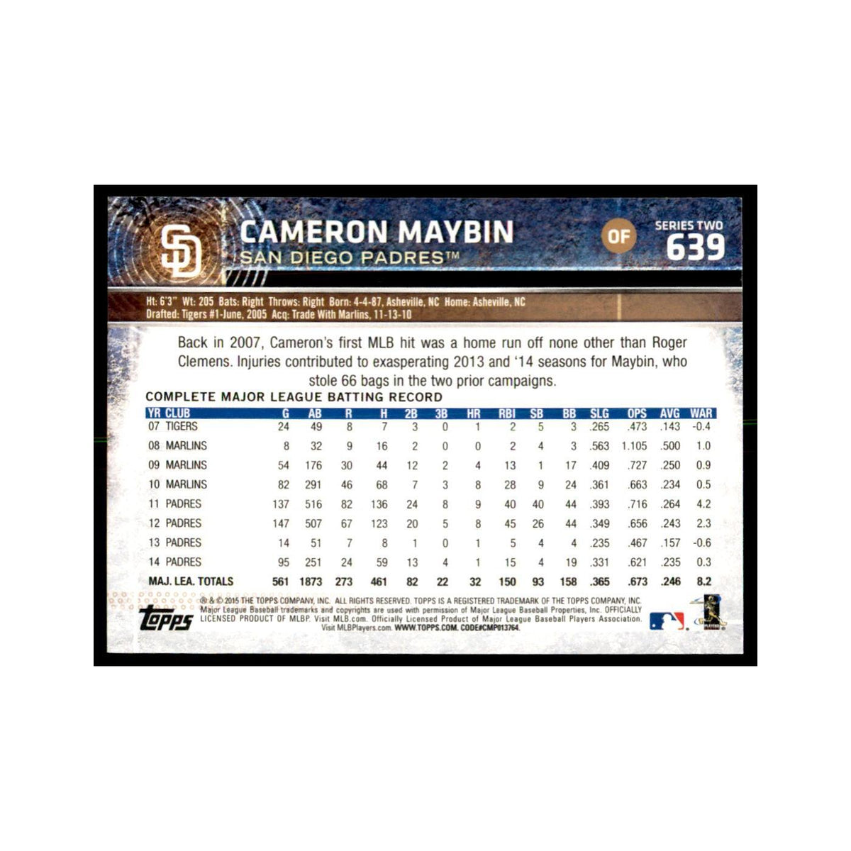 Cameron Maybin 2015 Topps #639 Baseball Cards Baseball Card NM