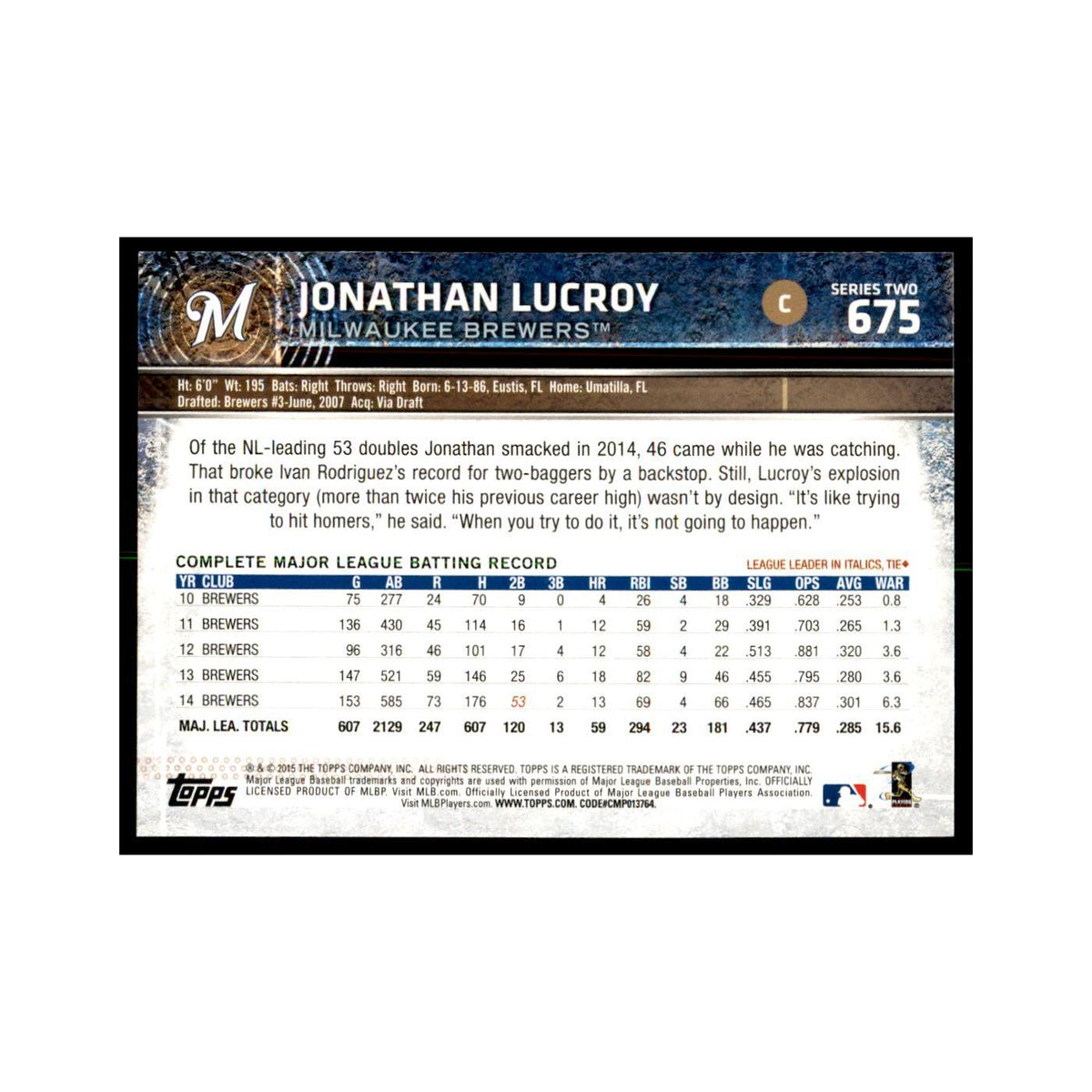 Jonathan Lucroy 2015 Topps #675 Baseball Cards Baseball Card NM