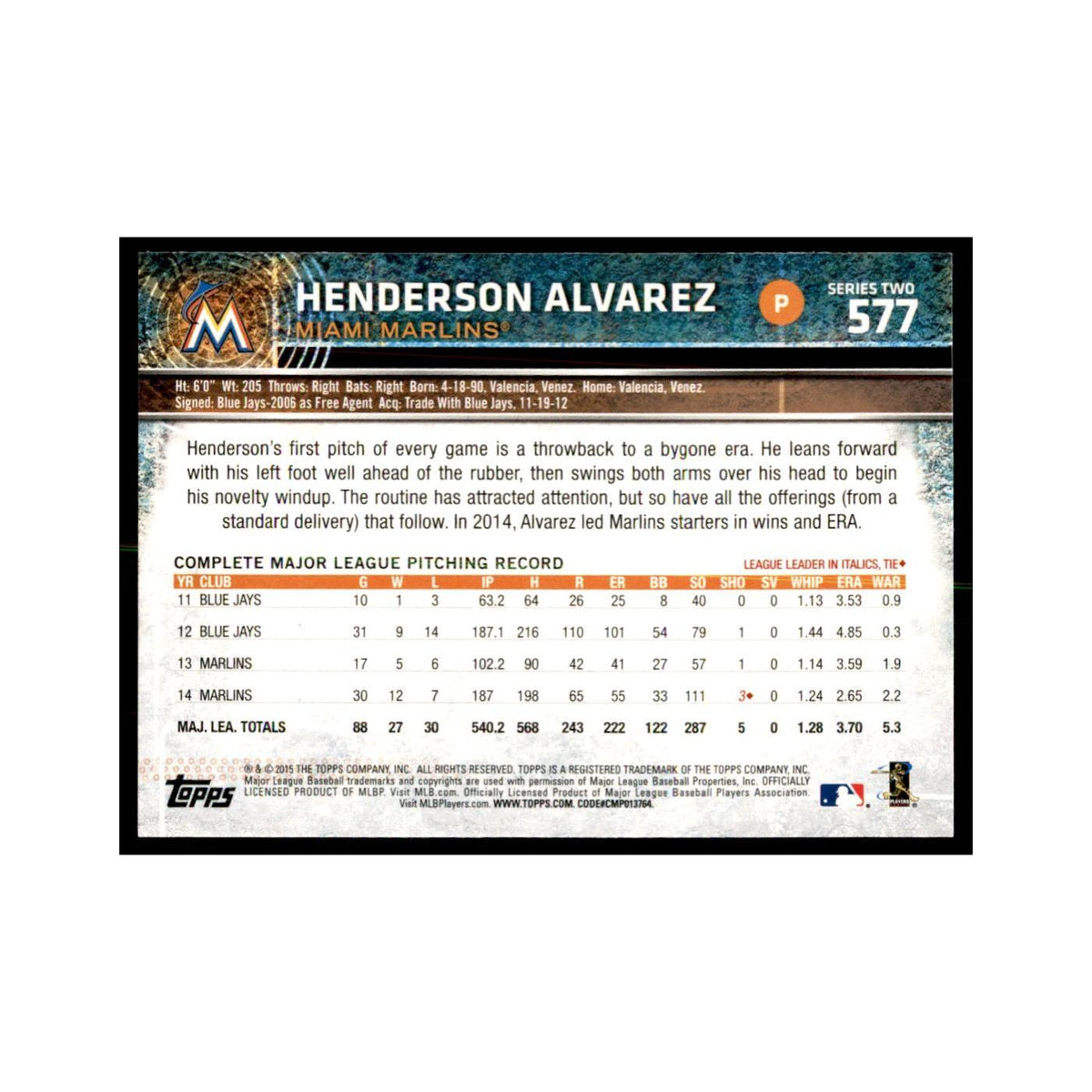 Henderson Alvarez 2015 Topps #577 Baseball Cards Baseball Card NM