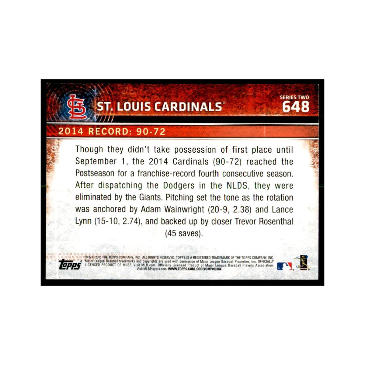 St. Louis Cardinals 2015 Topps #648 Baseball Cards Baseball Card NM