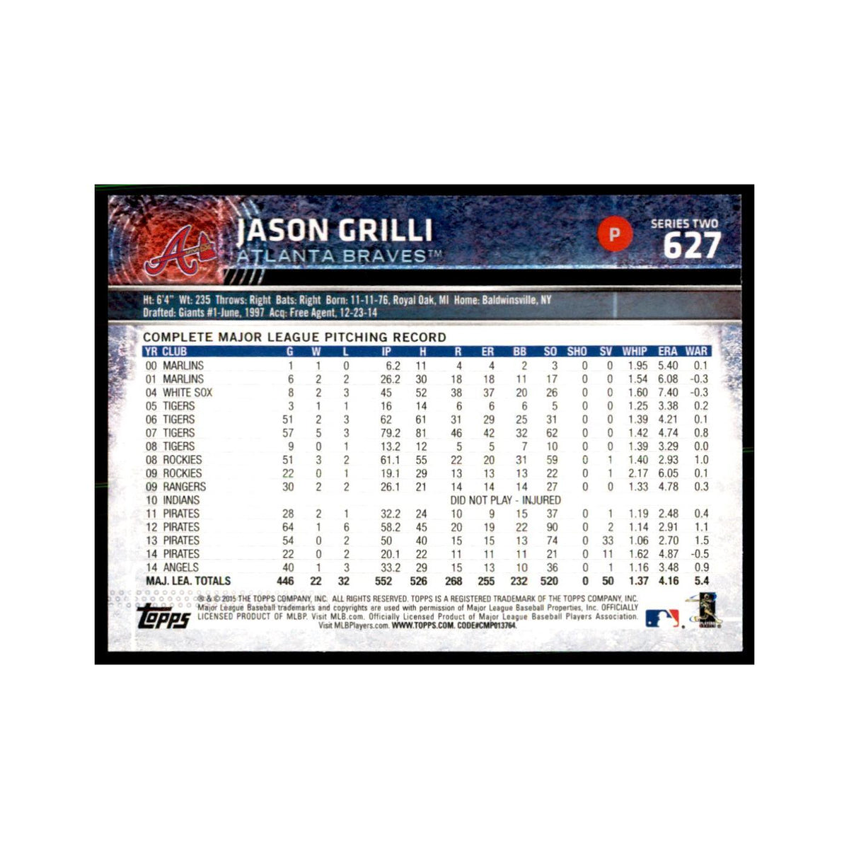 Jason Grilli 2015 Topps #627 Baseball Cards Baseball Card NM